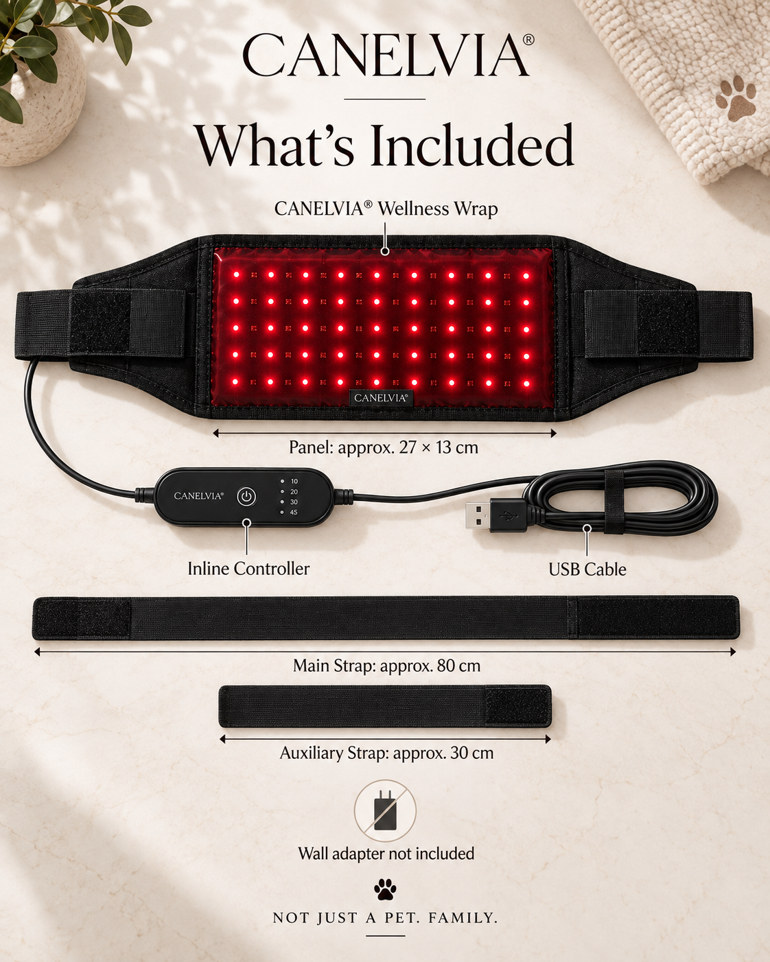 CANELVIA® wellness wrap — included components, dimensions, straps, controller and USB cable